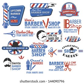 Set of Barber Shop Signs, Symbols and Icons in CMYK red, blue, white and black, featuring the popular symbols like barber shop pole, razor, scissors and mustache