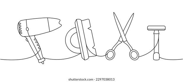 Set of barber shop tools one line continuous drawing. Hair dryer, hairdresser brush, scissors, shaving razor continuous one line illustration.
