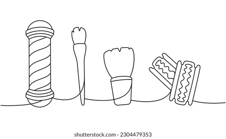 Set of barber shop tools one line continuous drawing. Barber shop pole, makeup brush, shaving brush, razor blade continuous one line illustration.