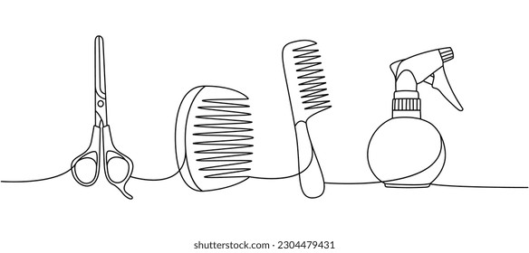 Set of barber shop tools one line continuous drawing. Hairdresser spray bottle, scissors, hair comb continuous one line illustration.