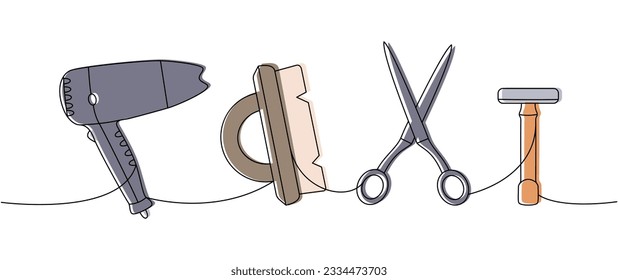 Set of barber shop tools one line colored continuous drawing. Hair dryer, hairdresser brush, scissors, shaving razor continuous one line illustration.