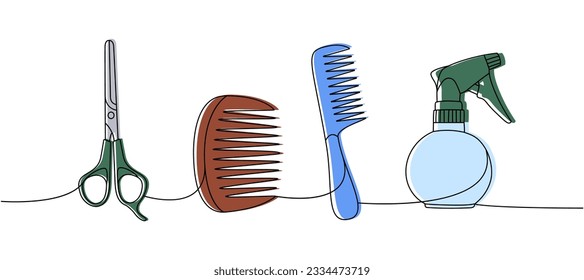 Conjunto de herramientas de barbería de una línea de dibujo continuo de color. Frasco de pulverización de peluquería, tijeras, peine continuo de una línea de ilustración.