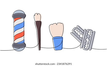Set of barber shop tools one line colored continuous drawing. Barber shop pole, brush, shaving brush, razor blade continuous one line illustration.