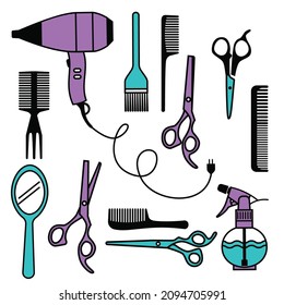 Set Barber Tools Contour Drawing Colorful Stock Vector (Royalty Free