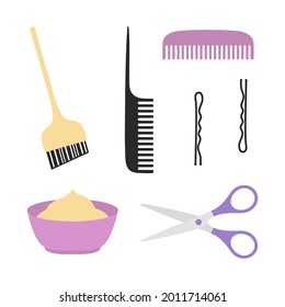 set of barber tools and hair care products, barbershop equipment isolated on white background, scissors, hair dye, brush, hairpins, combs, flat cartoon vector illustration