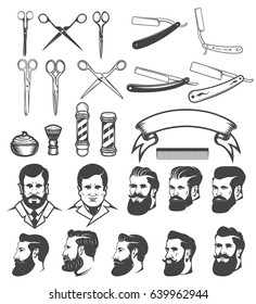 Set of  barber tools. Man's heads. Design elements for logo, label, emblem, sign, poster, badge. Vector illustration 