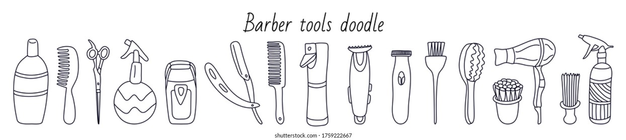 Set with barber tools. Manual razor, flat comb hair, brushes, spray, shaver, trimmer. Hand drawn vector illustration in black ink on white. Isolated outline. Doodle style. Great for barbershops.