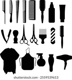 Set of barber tools silhouette illustration. Hair accessories silhouette isolated on white