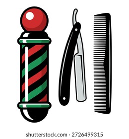 Satz von Friseurwerkzeugen: traditioneller roter, weißer, grüner Stab, scharfer, gerader Rasierer und ein feinzahniger Kamm zum Haarschneiden.