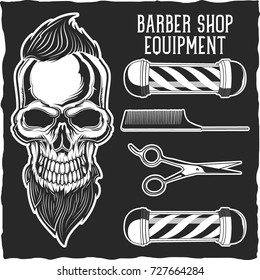 Set of barber's equipment and a hipster's skull. Monochromatic label.