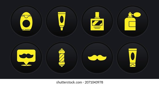 Set Barbershop, Aftershave bottle with atomizer, Classic pole, Mustache, Cream or lotion cosmetic tube,  and Bottle of shampoo icon. Vector