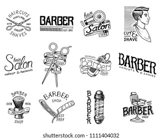 Set of barbershop badge and label, logo and hipster emblems. Tools for man icon. Haircut of beard and mustache. Brush and razor for shaving. Engraved hand drawn in old vintage sketch. Modern Lettering