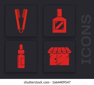 Set Barbershop building, Curling iron for hair, Aftershave and Glass bottle with a pipette icon. Vector