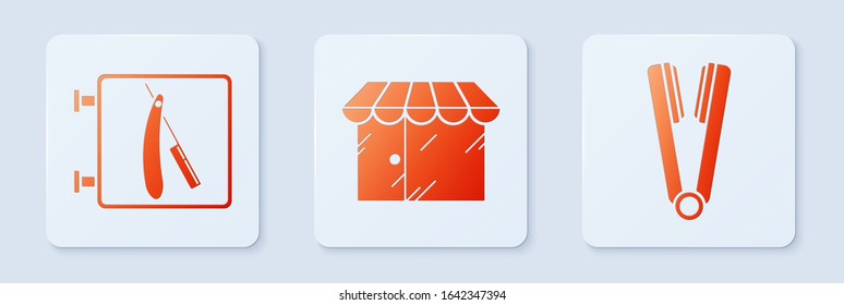 Set Barbershop building, Barbershop with razor and Curling iron for hair. White square button. Vector