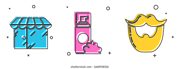 Set Barbershop building, Shaving gel foam and Mustache and beard icon. Vector