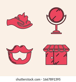 Set Barbershop building, Shaving gel foam on hand, Hand mirror and Mustache and beard icon. Vector