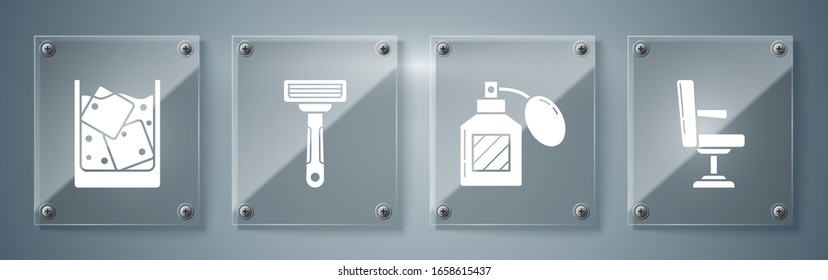 Set Barbershop chair, Aftershave, Shaving razor and Glass of whiskey and ice cubes. Square glass panels. Vector