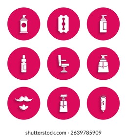 Set Barbershop chair, Cream or lotion cosmetic tube, Electrical clipper shaver, Aftershave, Mustache and beard, Glass bottle with pipette,  and Shaving gel foam icon. Vector