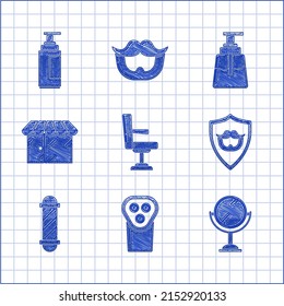 Set Barbershop chair, Electrical clipper or shaver, Hand mirror, Mustache beard on shield, Classic pole, building, Aftershave and Cream lotion cosmetic tube icon. Vector