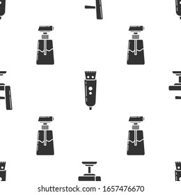 Set Barbershop chair, Electrical hair clipper or shaver and Cream or lotion cosmetic tube on seamless pattern. Vector