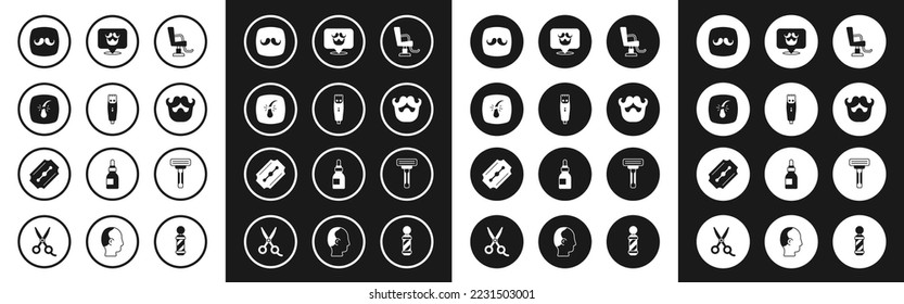 Set Barbershop chair, Hair clipper, Broken follicle, Mustache and beard, Shaving razor and Blade icon. Vector
