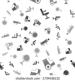 Set Barbershop chair, Hair dryer, Classic Barber shop pole and Hand mirror on seamless pattern. Vector