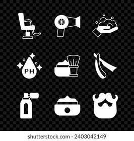 Set Barbershop chair, Hair dryer, Shaving foam on hand, Aftershave with atomizer, Gel or wax for styling, Mustache beard, Oil care treatment and brush icon. Vector