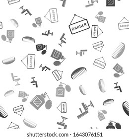 Set Barbershop, Barbershop chair, Hairbrush and Aftershave on seamless pattern. Vector