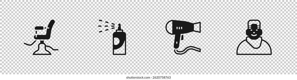 Set Barbershop chair, Spray can for hairspray, Hair dryer and Client in barbershop icon. Vector