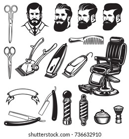 Set of barbershop design elements. scissors, shaving blades, barber chair, clipper. Design elements for logo, label, emblem, sign. Vector illustration