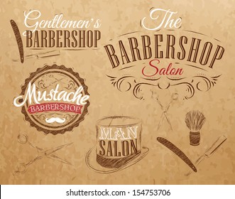 Set of barbershop elements, scissors, shaving brush, razor, cylinder, in retro style drawing on kraft paper background.