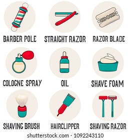 Set of barbershop equipment icons with text. Barbershop collection with with barber pole, straight razor, razor blade,cologne spray,hairclipper,shaving brush. Vector illustration