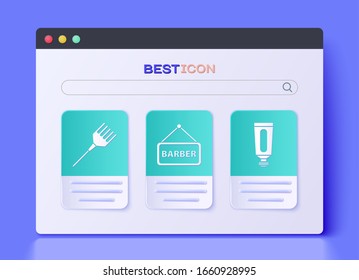 Set Barbershop, Hairbrush and Cream or lotion cosmetic tube icon. Vector
