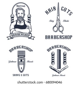 Set of barbershop and haircut emblem, logo, badge, illustration