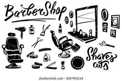 Set of barbershop. Hairdresser's chair. Professional barbershop tools. Hand drawn illustration.