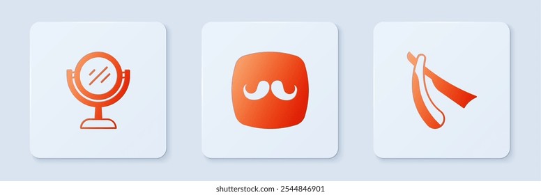 Set Barbershop, Hand mirror and Straight razor. White square button. Vector