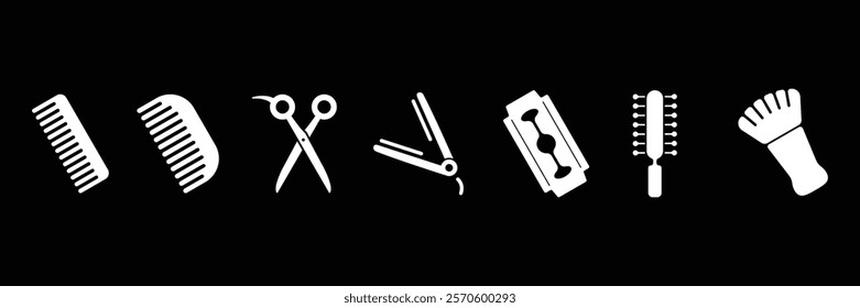 Set of Barbershop icon collection. Barbershop equipment in vintage retro style. barber scissors, razor blades, comb, mustache scissors symbol. Vector Illustration.