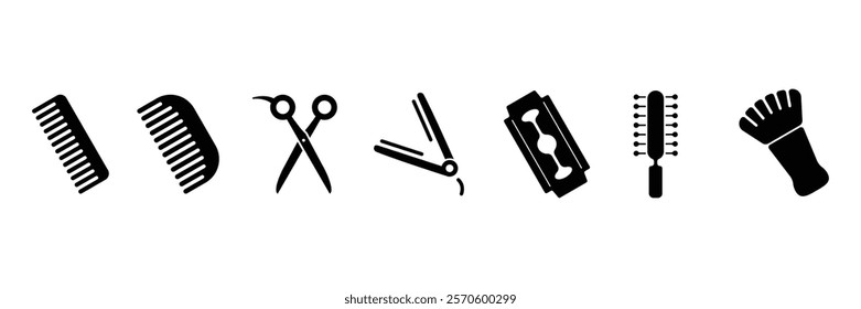 Set of Barbershop icon collection. Barbershop equipment in vintage retro style. barber scissors, razor blades, comb, mustache scissors symbol. Vector Illustration.