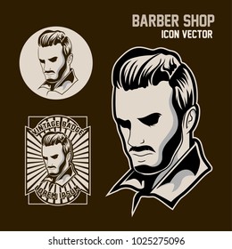 Set Of Barbershop Icon With Head Illustration On Dark Background
