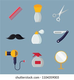 Set of Barbershop icons in flat style isolated on grey background. Collection of Mustache, Mirror, Shaving brush, perfume, Hair dryer, spray, comb, razor and Scissors vector illustration.