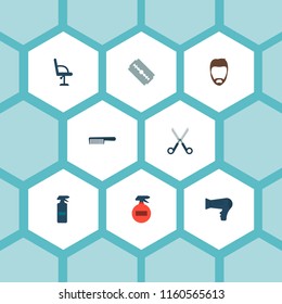 Set of barbershop icons flat style symbols with blade, comb, barbershop furniture and other icons for your web mobile app logo design.