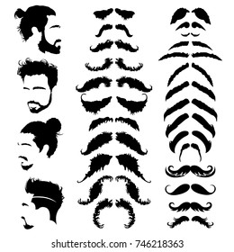 Set of barbershop images. Mustaches, beards, fashionablhaircuts and hairstyles for barbershop clients. Vector Illustration