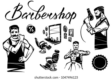 A set of barbershop. Interior and figures of hairdressers. Hand drawn illustration.