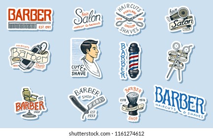 Set of barbershop logo. Tools for man icon. Haircut of beard and mustache. Brush and razor for shaving. Engraved hand drawn in old vintage sketch. Modern Lettering. badge and label.