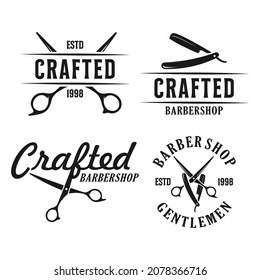 Set barbershop Logo Vintage klassische Stil, Salon Mode-Haarschnitt-Pommes Pommes Symbol einfache minimalistische moderne, Barber-Pol Rasiere Schere Rasierklinge Retro-Symbol Vektorgrafik. luxuriöses elegantes Design. 
