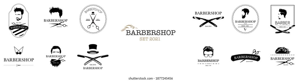 Conjunto de logos de barbershop. Logotipos de peluquería con cortes de pelo y herramientas de barbero y accesorios. Ilustración vectorial