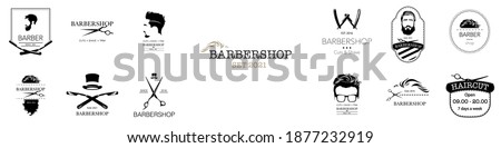 Set of barbershop logos. Hair salon logotypes with haircuts and barber tools and accessories. Vector Illustration 