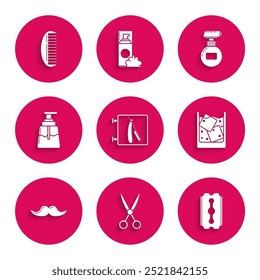 Set Barbershop with razor, Scissors hairdresser, Blade, Glass of whiskey and ice cubes, Mustache, Aftershave, Cream lotion cosmetic tube and Hairbrush icon. Vector