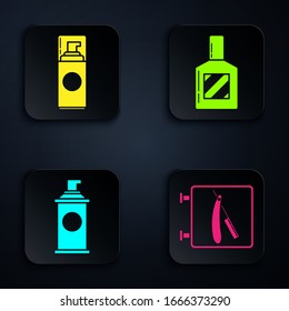 Set Barbershop with razor, Shaving gel foam, Shaving gel foam and Aftershave. Black square button. Vector