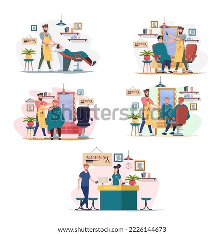 Set of barbershop scenes. Barber and a client. Stylist cutting client’s hair. Hairdresser shaving, trimming customer’s beard. Man looking in the mirror. Reception in the salon. Washing hair. Interior.